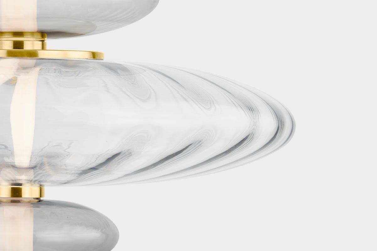 Williams Pendant 24.75" in aged brass shown from the front to reveal the shade shape and metal detail.