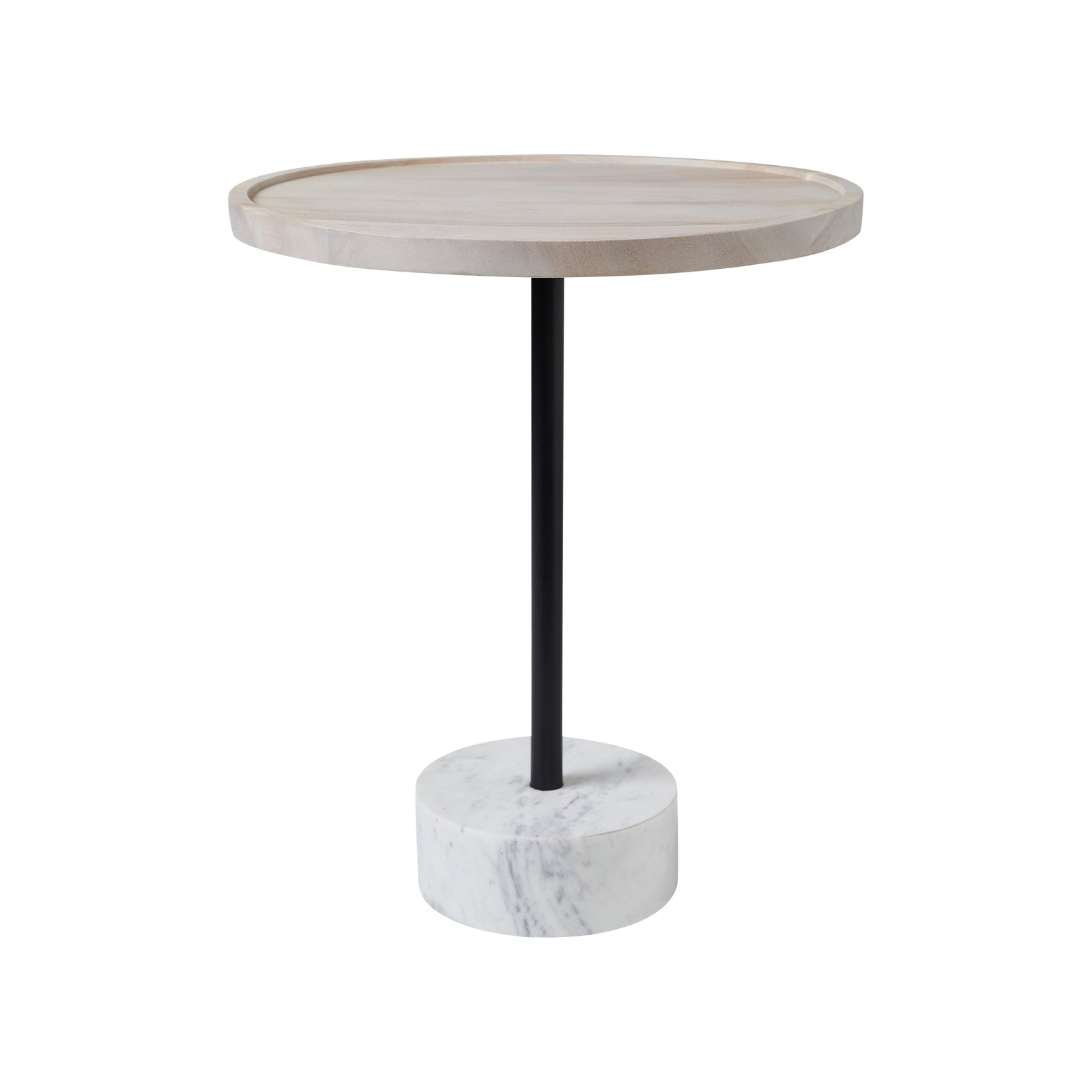 Antares Side Table with a round light wood top and black metal stem on a white marble base.