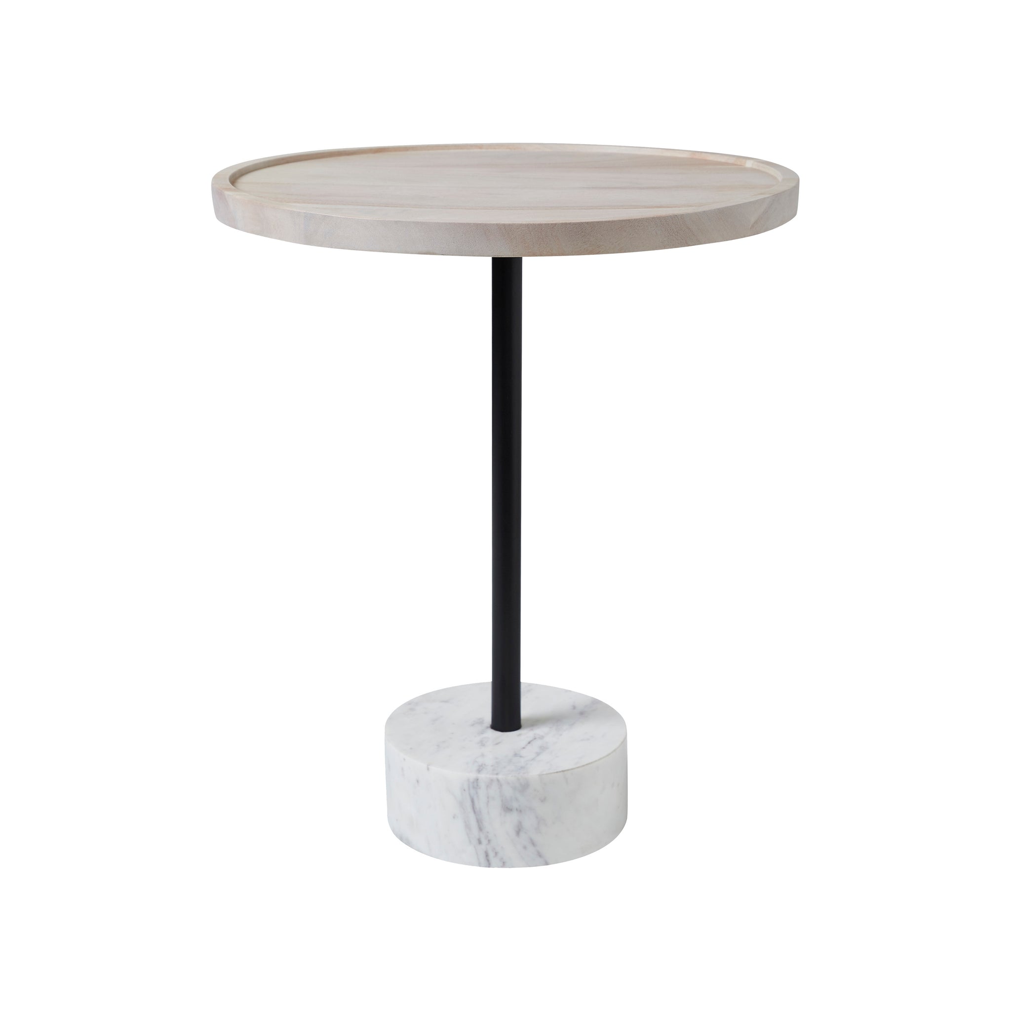 Antares Side Table with a round light wood top and black metal stem on a white marble base.