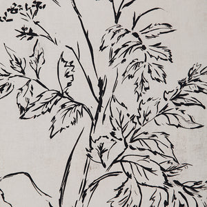 Close-up of Basset Canvas Art showing detailed black botanical illustrations on a beige canvas.