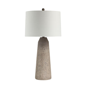 Limon Table Lamp by Renwil, featuring a textured brown base and white fabric shade, front view.