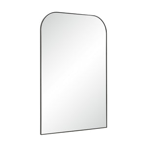 Opalina mirror featuring a curved top, angled view, and sleek black frame.