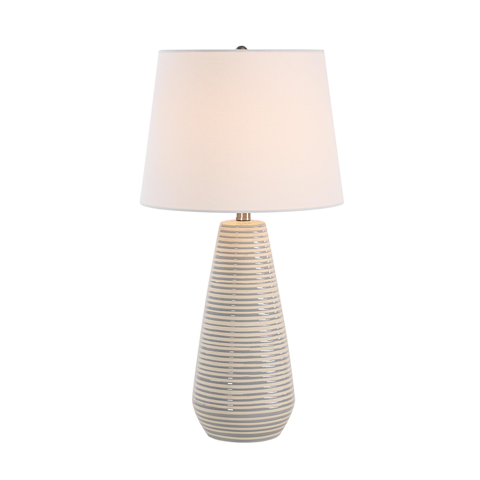 Pera Table Lamp with a white shade and a striped beige ceramic base