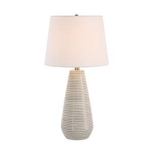 Pera Table Lamp featuring a white shade and a light beige striped ceramic base