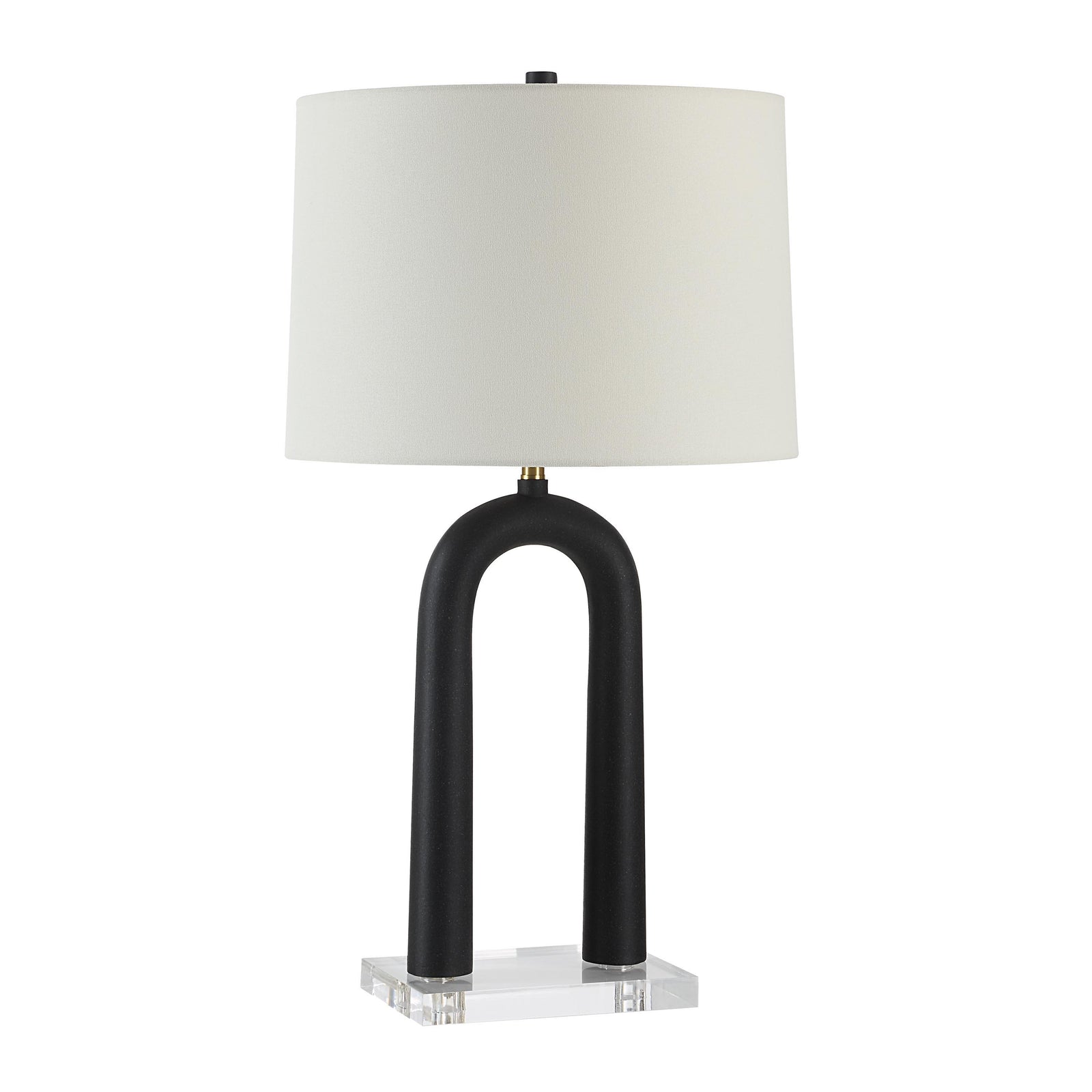 Pisa Table Lamp with black curved base and white fabric shade on a clear acrylic base.