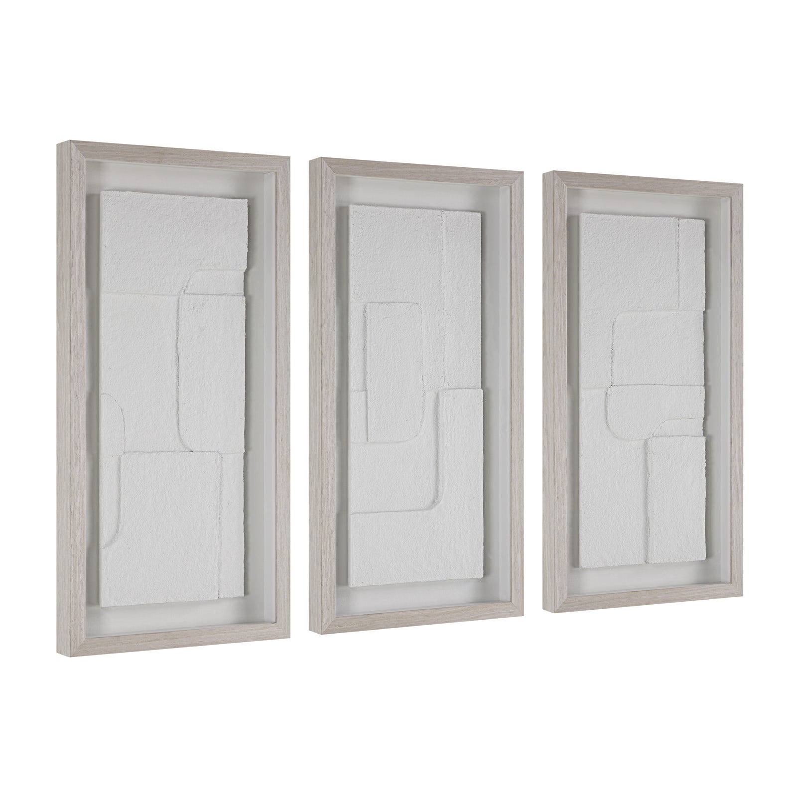 Arches wall art featuring three white textured panels in light wood frames