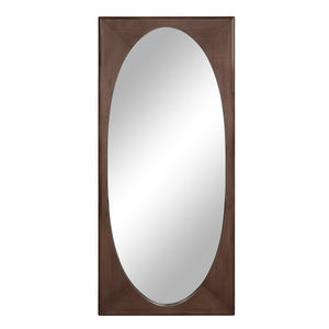 Sitia mirror by Renwil with a brown wooden frame and oval reflective surface.