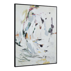 Cinta canvas art displayed at an angle, showcasing abstract colors and textures on a light background.