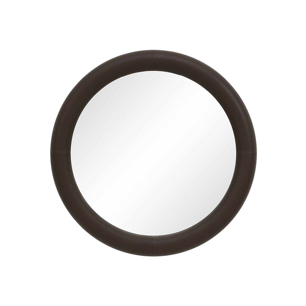 Potro mirror with a round brown leather frame and reflective surface.