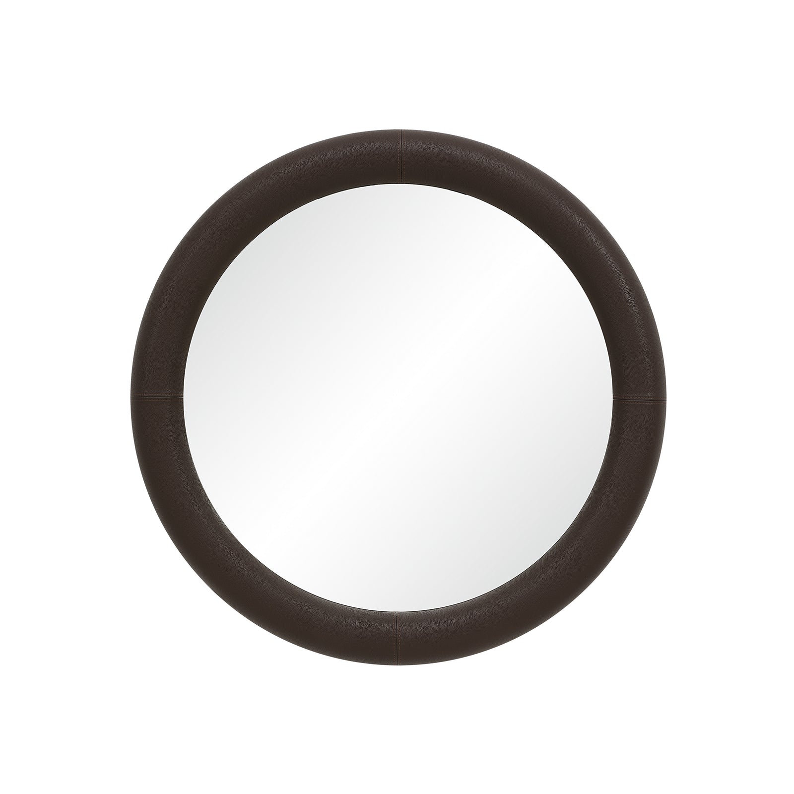 Potro mirror with a round brown leather frame and reflective surface.