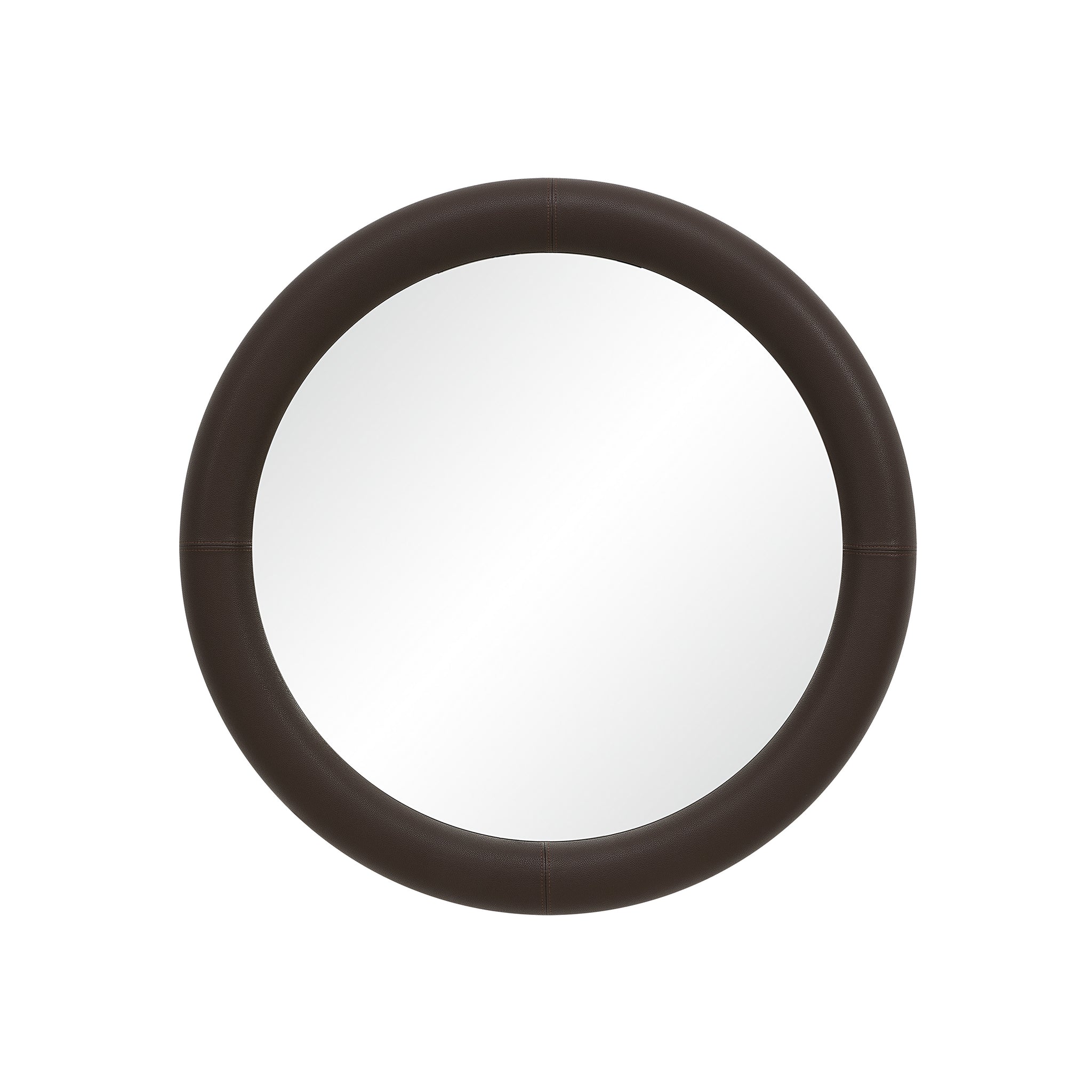 Potro mirror with a round brown leather frame and reflective surface.