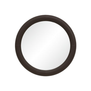 Potro mirror with a round brown leather frame and reflective surface.