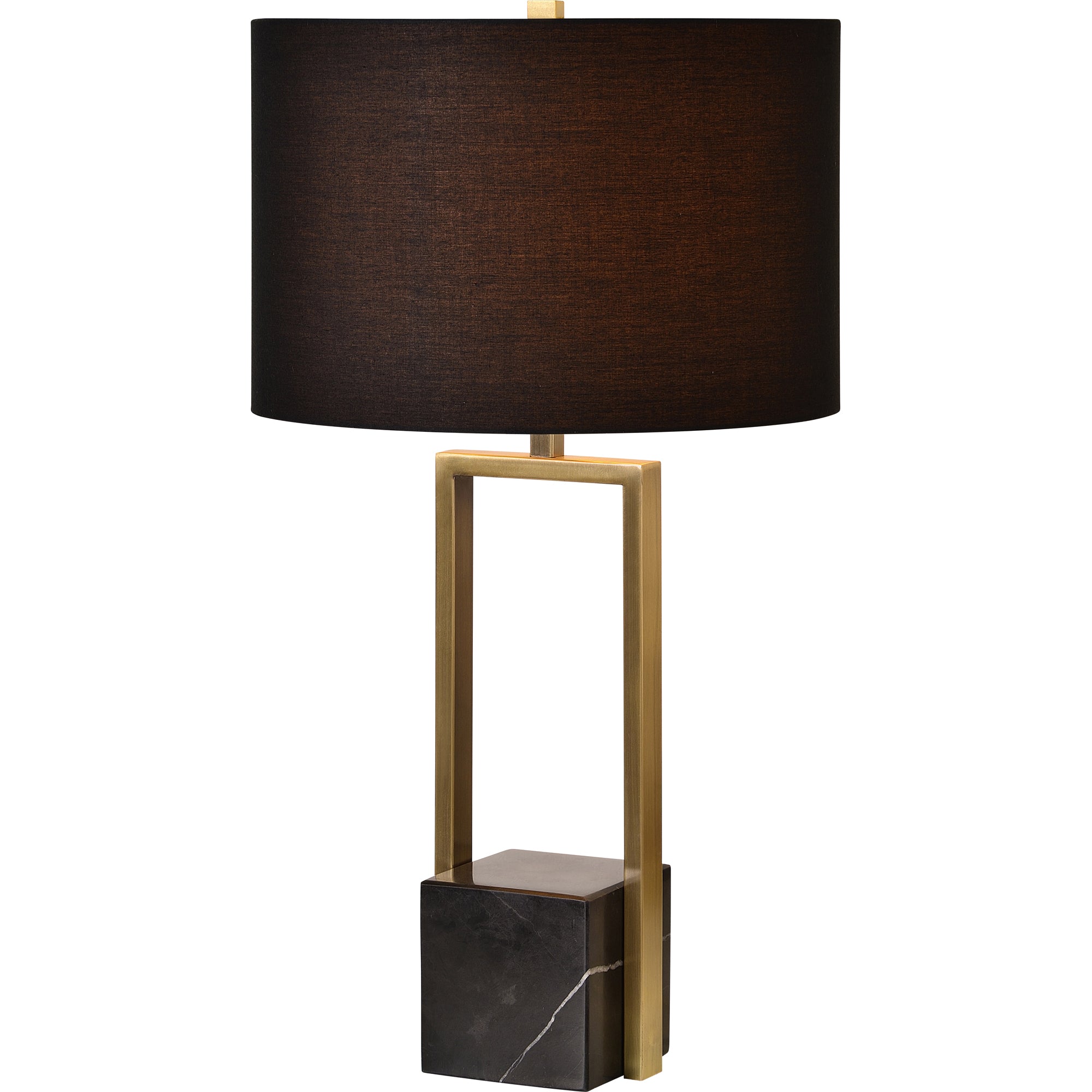 Arla Table Lamp featuring a black fabric shade, gold metal frame, and a marble base from a side view.