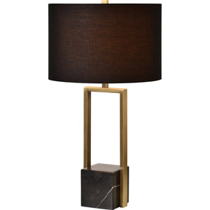 Arla Table Lamp featuring a black fabric shade, gold metal frame, and a marble base from a side view.