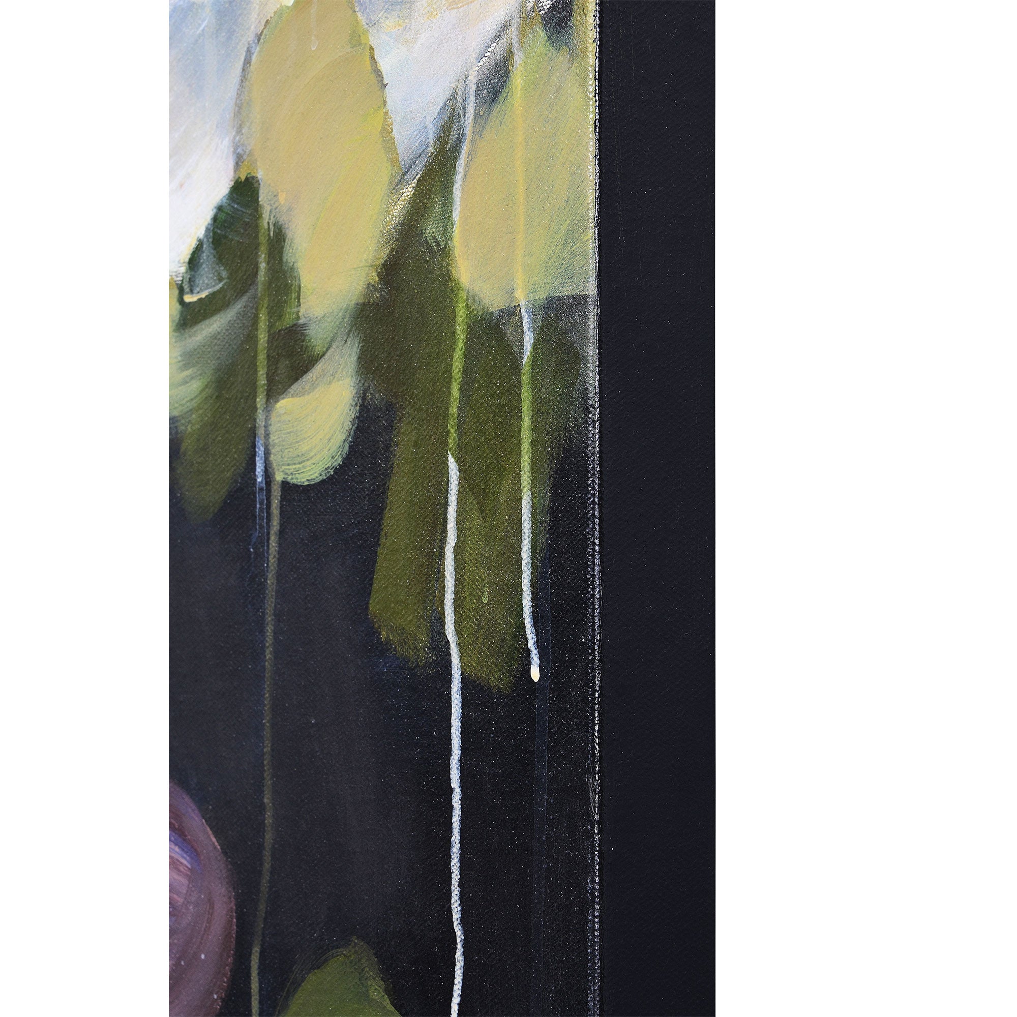 Gables canvas art featuring abstract green and yellow shapes with white drips on a dark background
