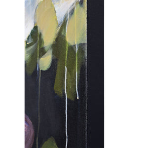 Gables canvas art featuring abstract green and yellow shapes with white drips on a dark background