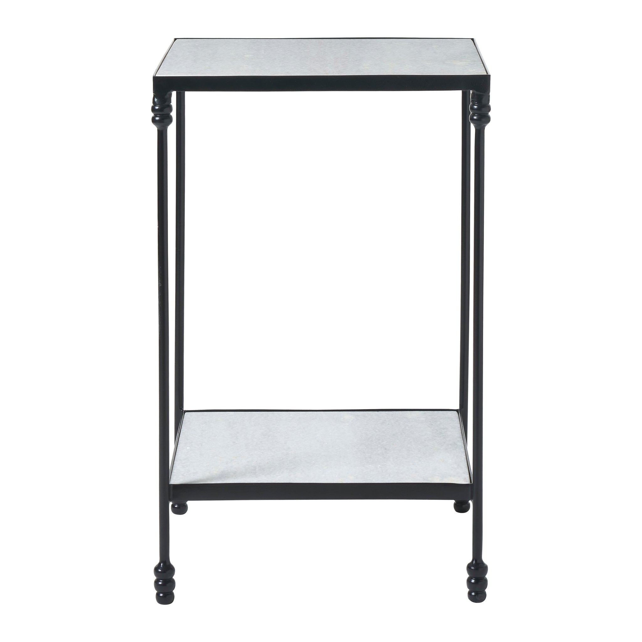 Giulia table viewed from the front, showcasing a black metal frame and gray stone surface.