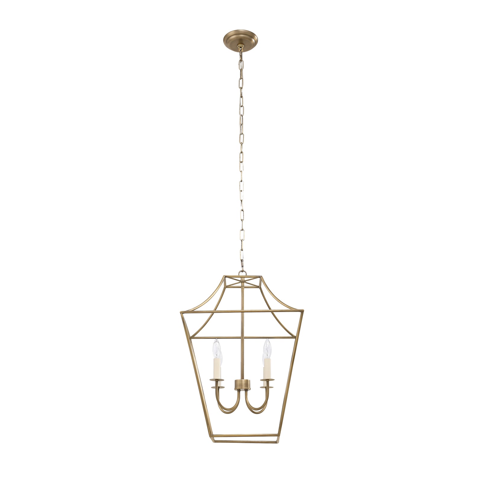 Versailles pendant light in gold finish with three candle-style bulbs and chain.