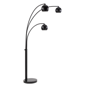 Folia Floor Lamp with three black spherical shades and a round marble base.