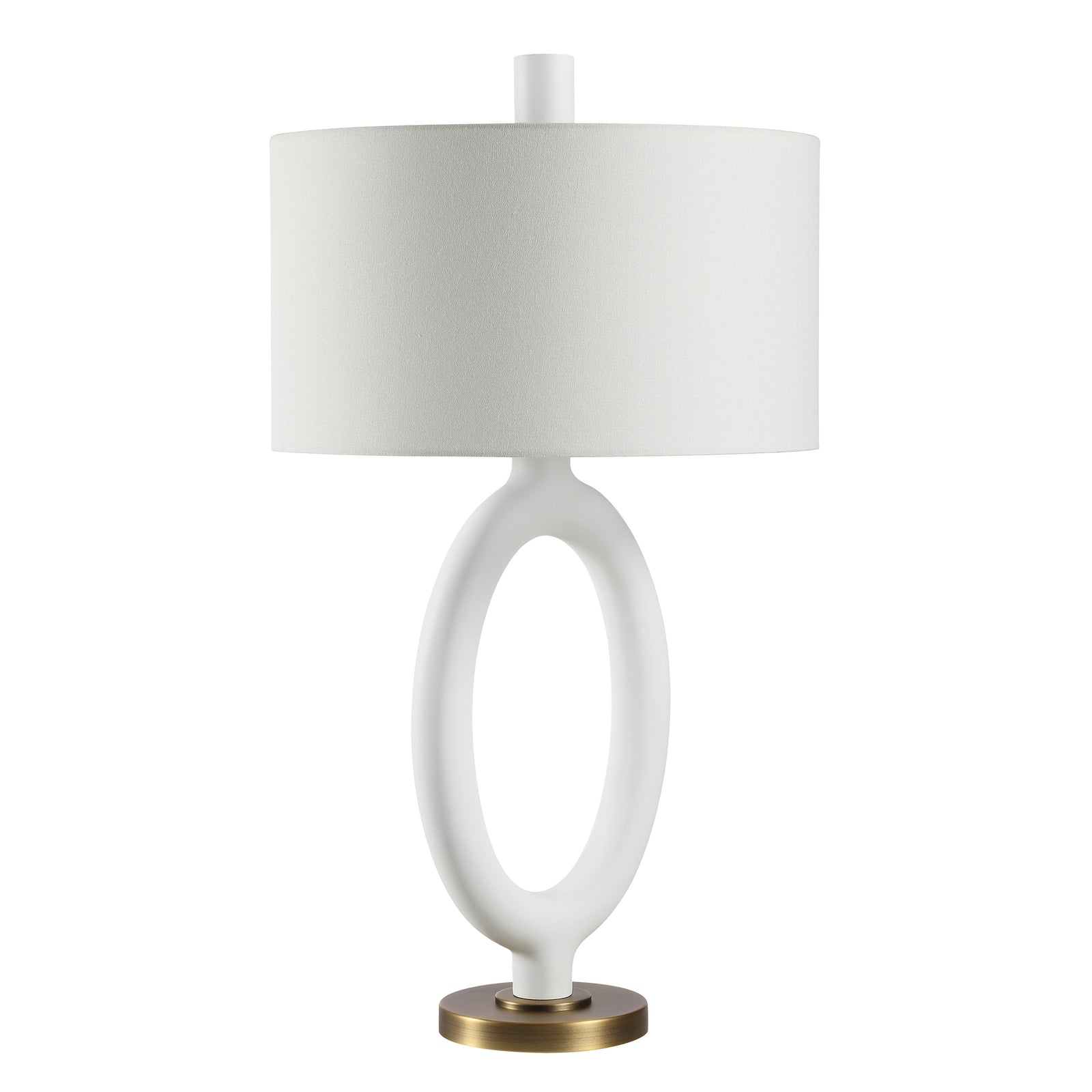 Aeris Table Lamp with a white textured shade and a white ceramic base featuring a circular cutout.