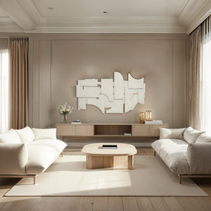 Living room scene featuring Morpho wall art above a modern wooden sofa and coffee table