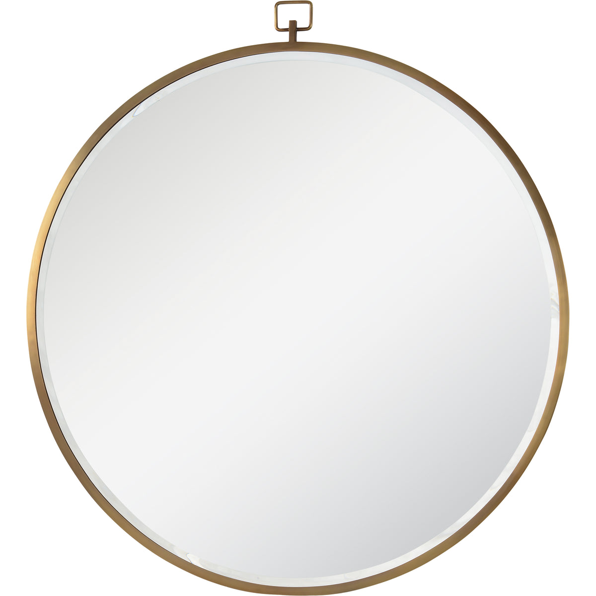 Azam Wall Mirror with a round shape and a gold metal frame, featuring a hanging loop.