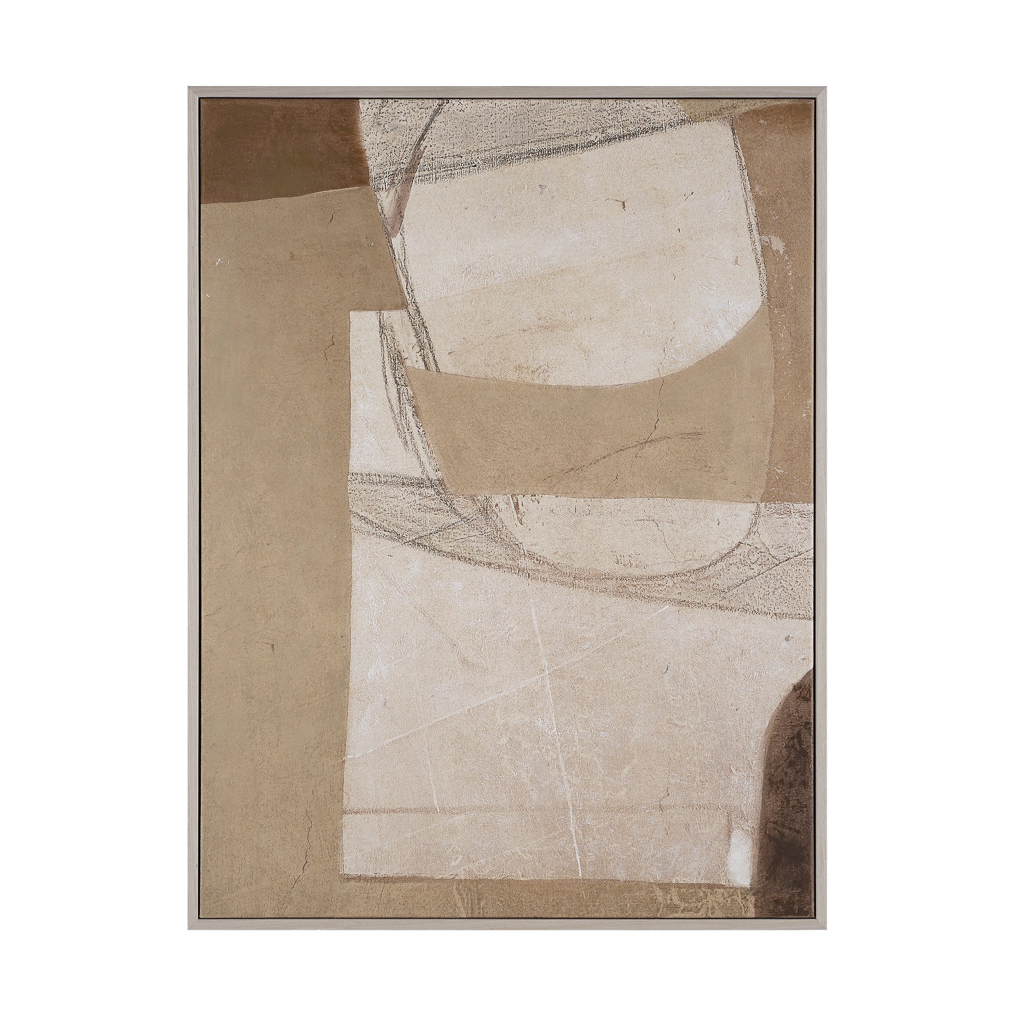 Alcea Canvas Art with a focus on abstract forms and soft colors, framed in light wood.