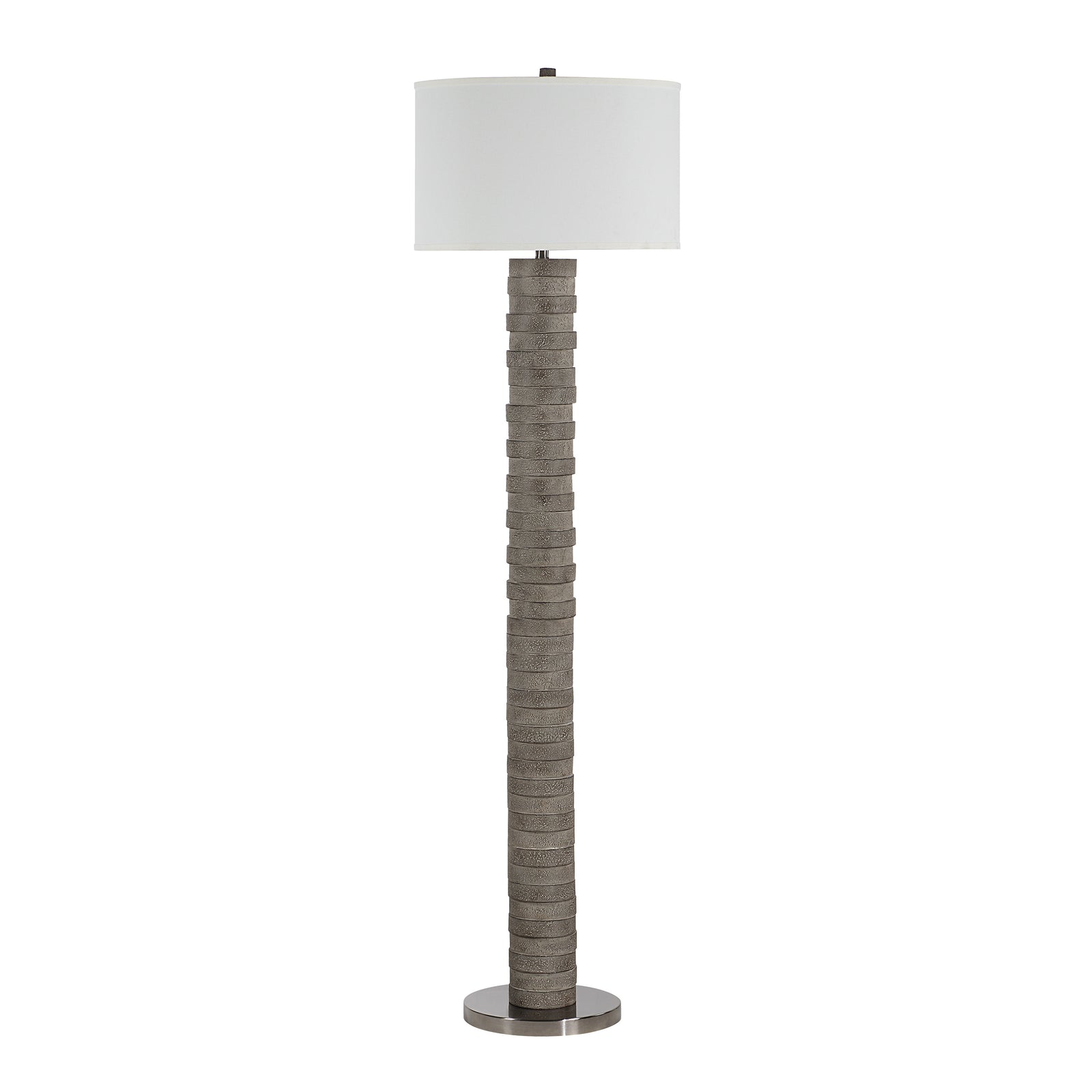 Moringa floor lamp with a textured gray base and white drum shade.