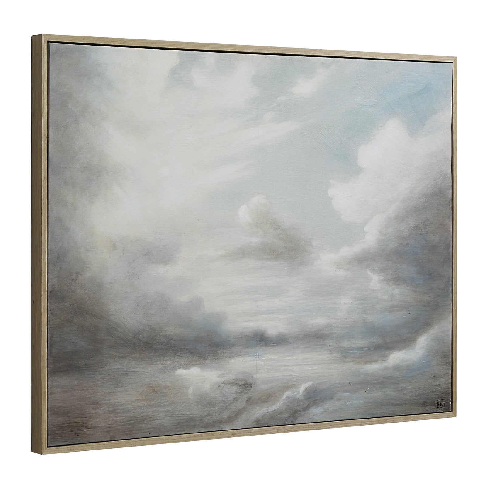 Anse canvas art featuring soft gray and blue clouds, framed in gold.