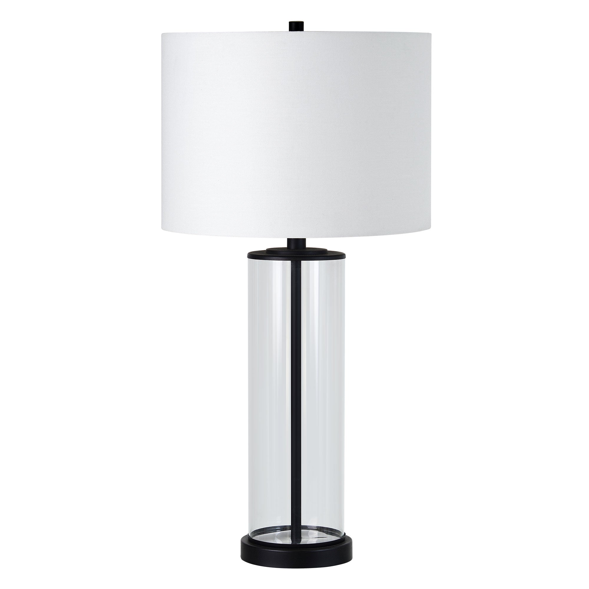 Desdemona Table Lamp with a clear glass base and white shade, viewed from the front.