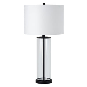 Desdemona Table Lamp with a clear glass base and white shade, viewed from the front.