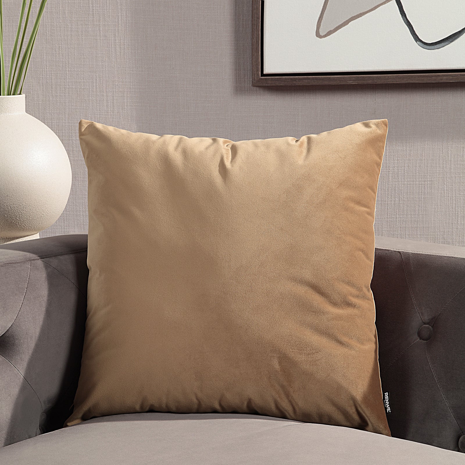 Alchemilla Indoor Pillow in soft brown velvet, square shape, plush texture.
