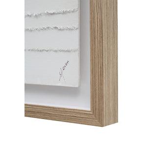 Close-up of Trax wall art featuring textured white canvas and wooden frame.