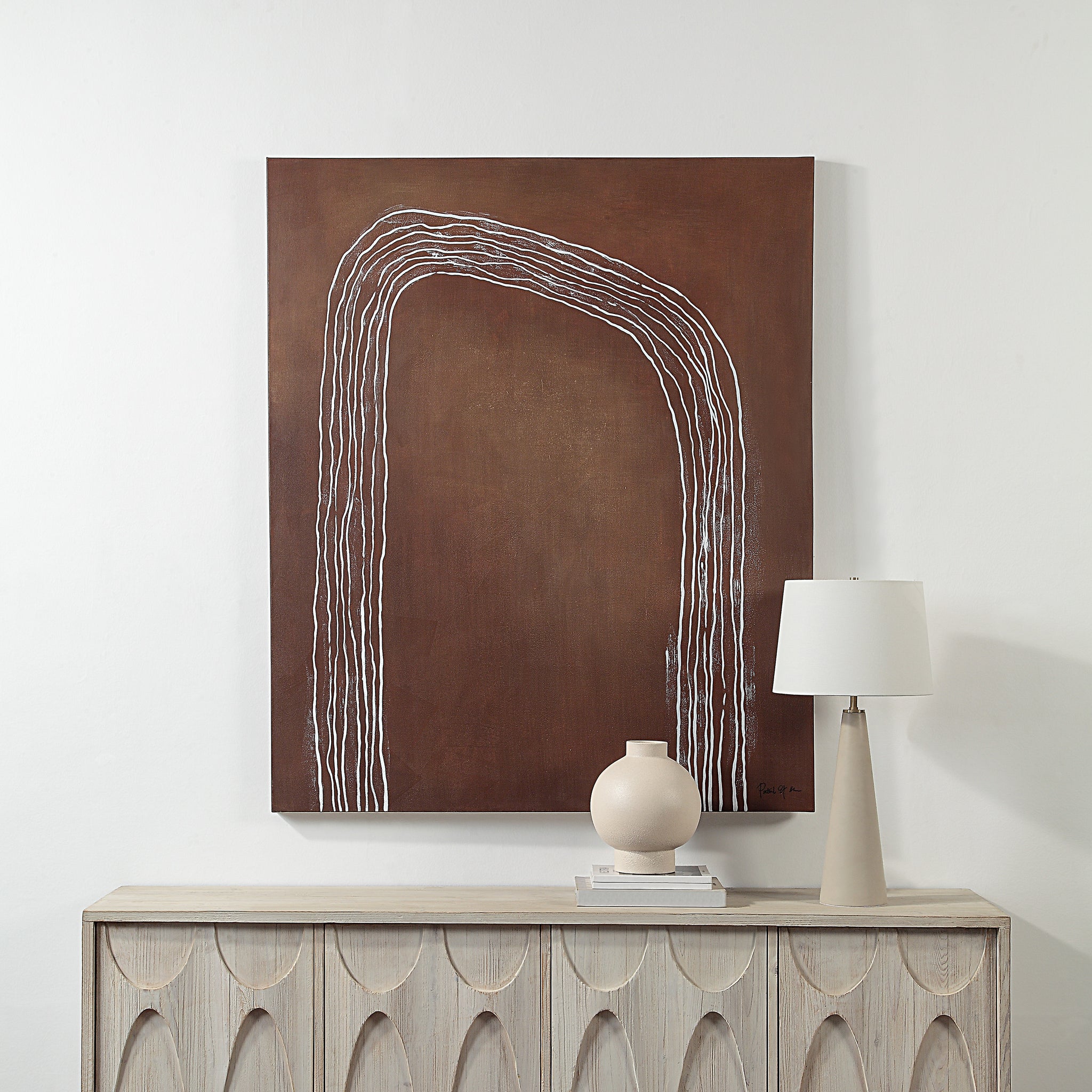 Fallbrook Canvas Art displayed above a wooden console with decor