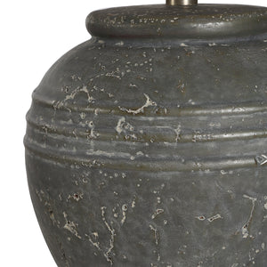 Close-up of Lino Table Lamp's gray ceramic base showing textured finish and decorative lines.