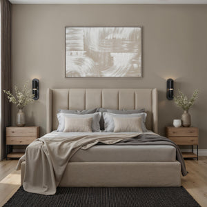 Quatro canvas art above a bed in a modern bedroom, featuring beige and white abstract design.