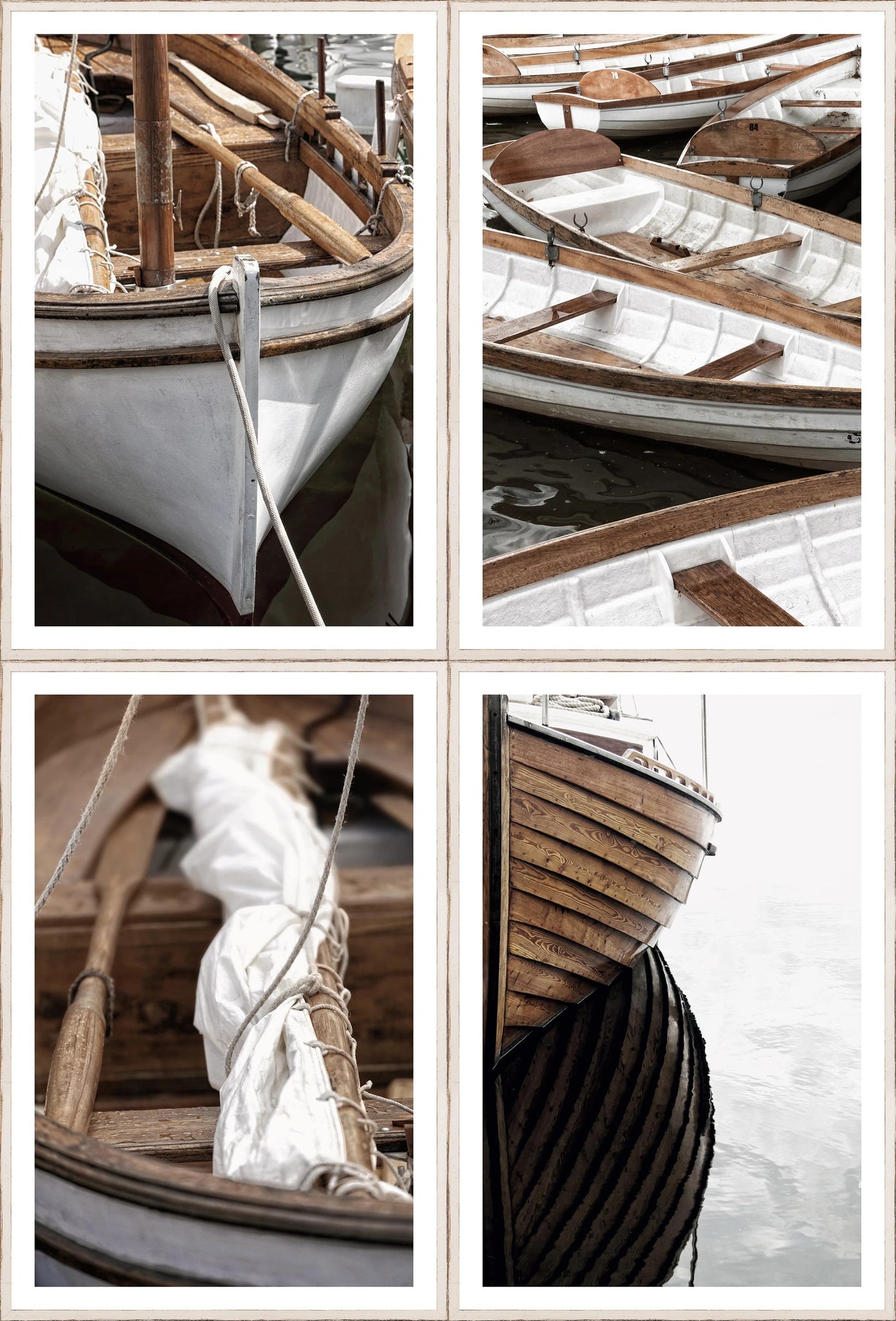 At Mooring I - IV Bundle featuring four images of wooden boats with white sails, showcasing detailed textures and reflections.