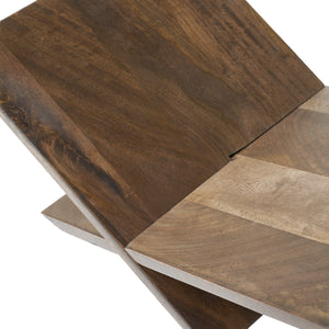 Close-up of Ocra book holder, highlighting the rich wood grain and angular design.