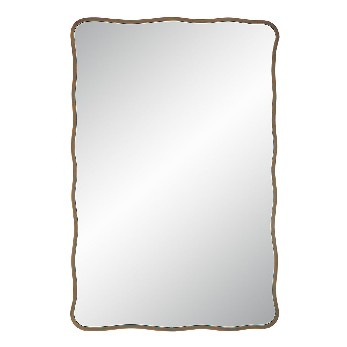 Basel Wall Mirror with a wavy bronze frame, reflecting light, front view.