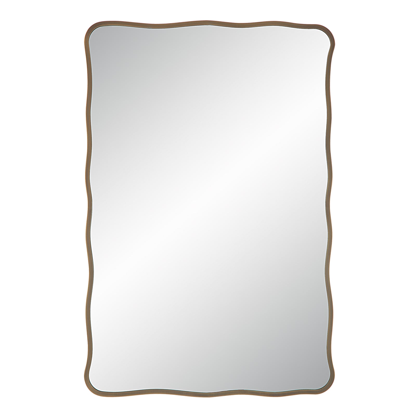 Basel Wall Mirror with a wavy bronze frame, reflecting light, front view.