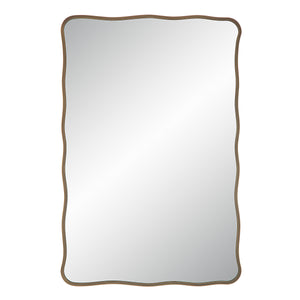Basel Wall Mirror with a wavy bronze frame, reflecting light, front view.