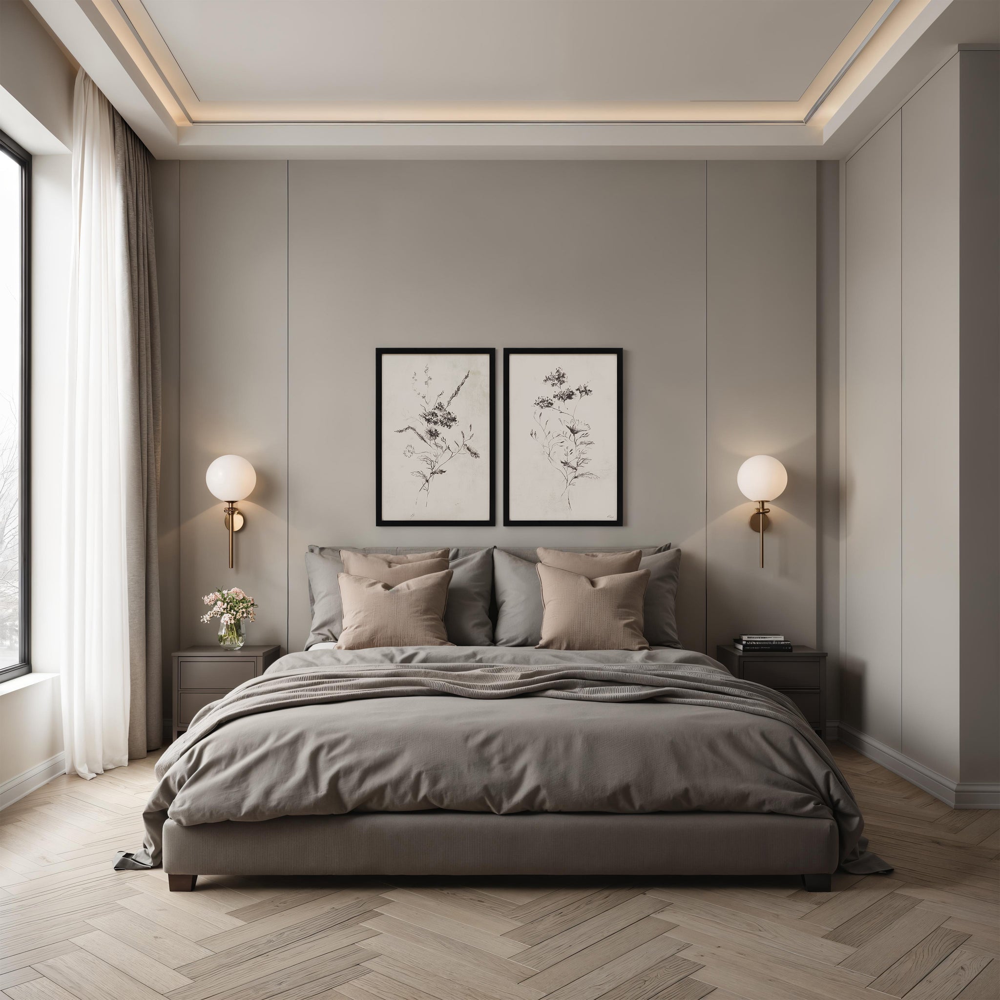 Adeline artwork displayed in a modern bedroom, featuring two floral prints above a gray bed.