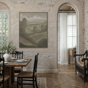Bruma canvas art featuring a muted landscape with hills and trees in soft tones