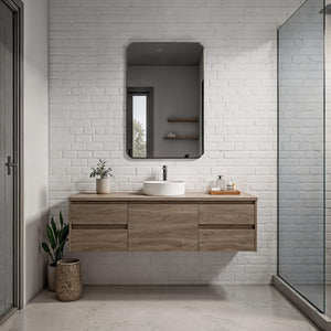 Nate mirror with an octagonal frame above a wooden vanity in a modern bathroom setting, featuring white brick walls.