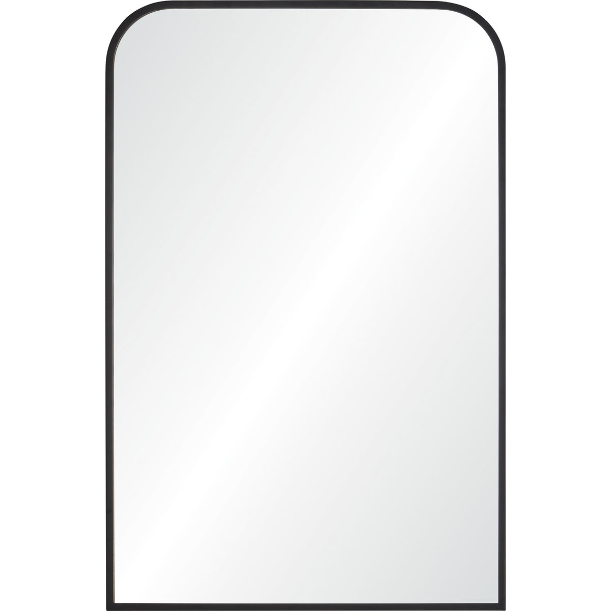 Jackline Wall Mirror with rounded top, black frame, and clear reflective surface, front view.