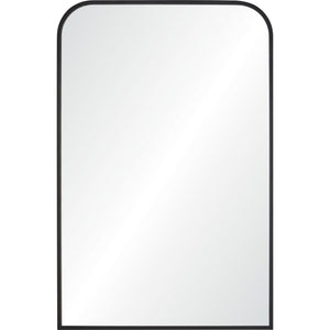 Jackline Wall Mirror with rounded top, black frame, and clear reflective surface, front view.