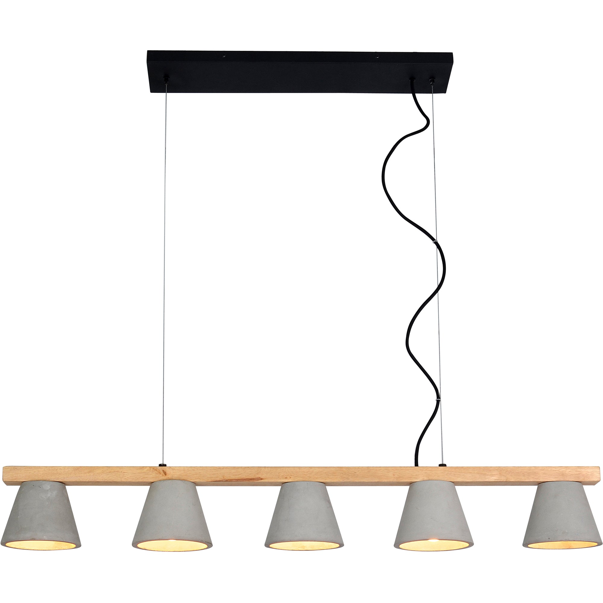 Zain Ceiling Fixture with five gray concrete shades and a wooden beam, featuring a wavy black wire design.