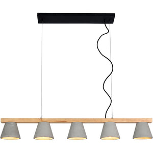 Zain Ceiling Fixture with five gray concrete shades and a wooden beam, featuring a wavy black wire design.