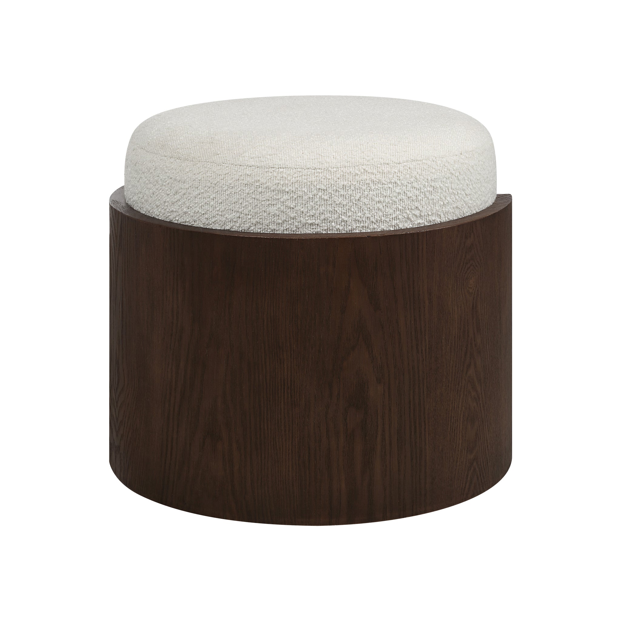 Capsula Ottoman with a round cream textured top and dark wood base