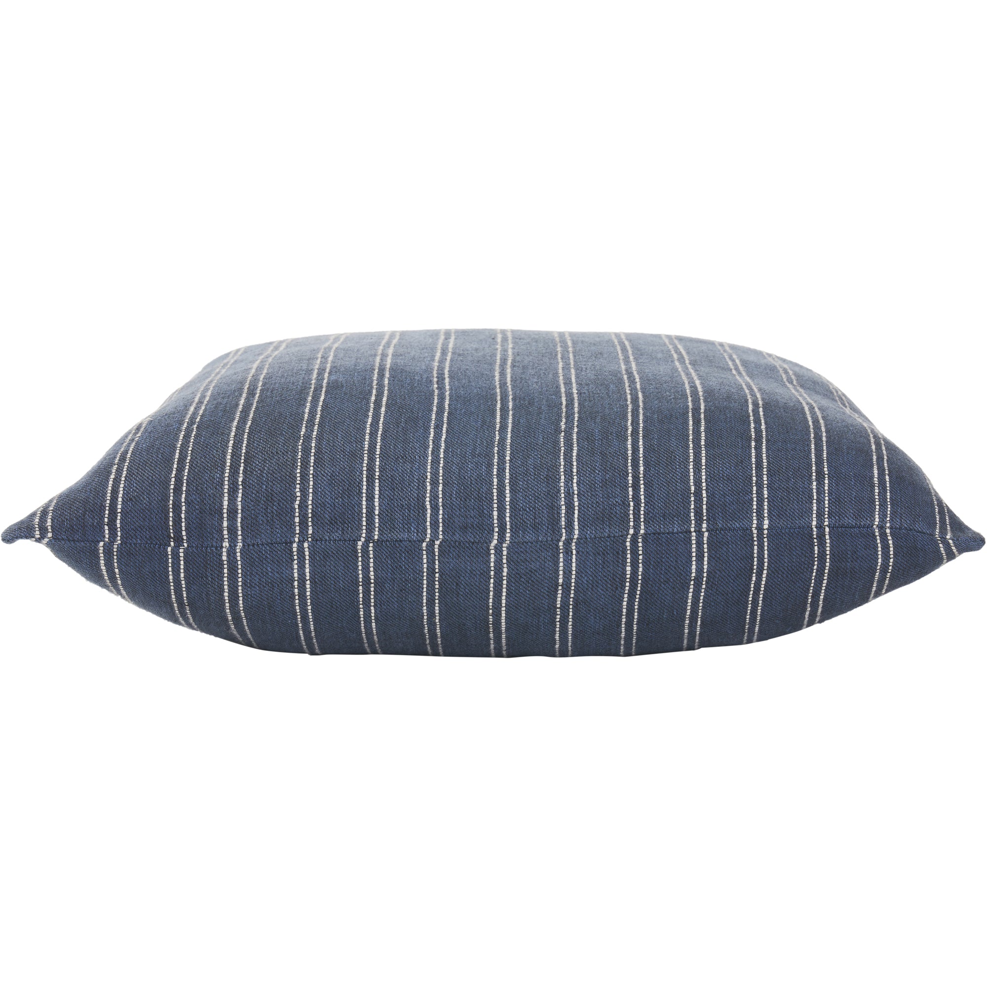 Side view of Oakley Indoor Pillow displaying dark blue stripes and soft texture.